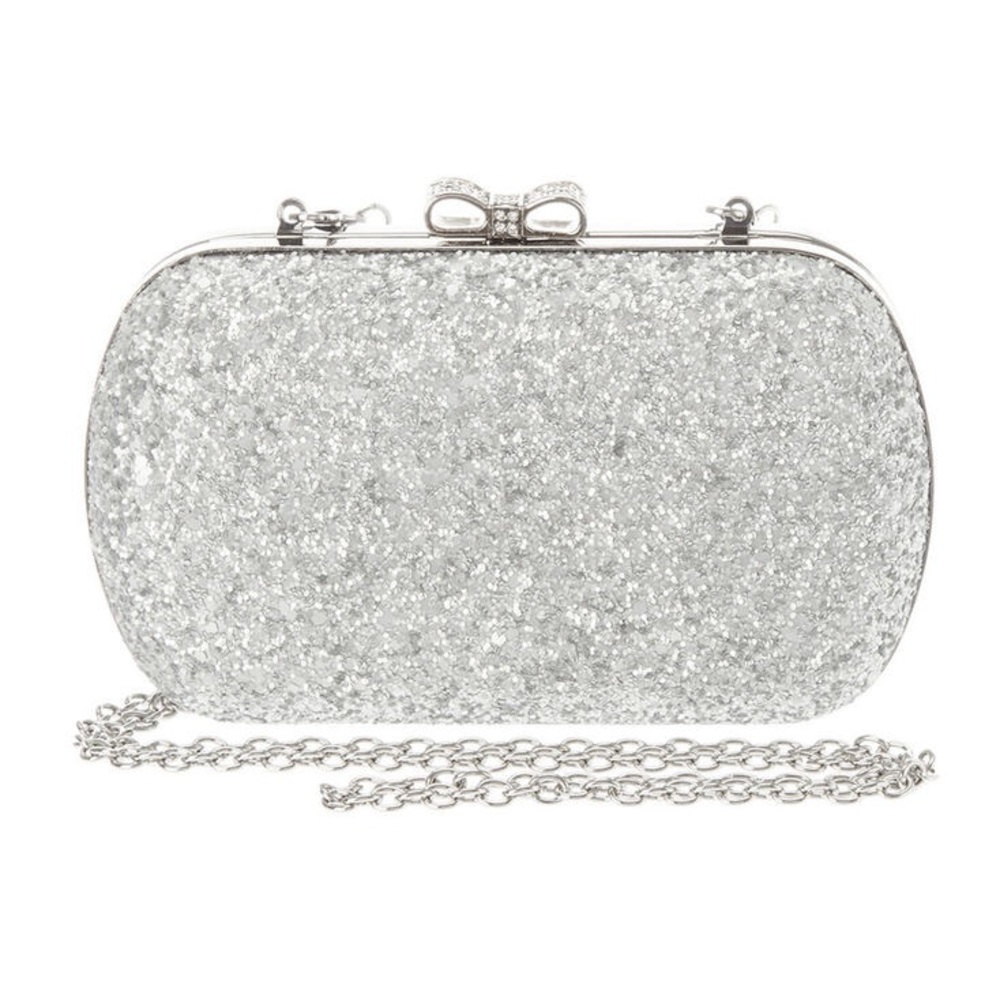 silver glitter clutch and rhinestones bow closure